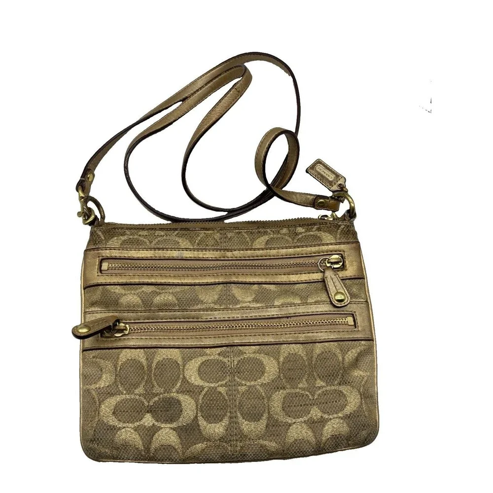 Coach Gold Irredescent Crossbody Canvas & Leather Handbag Bag  Purse Monogram